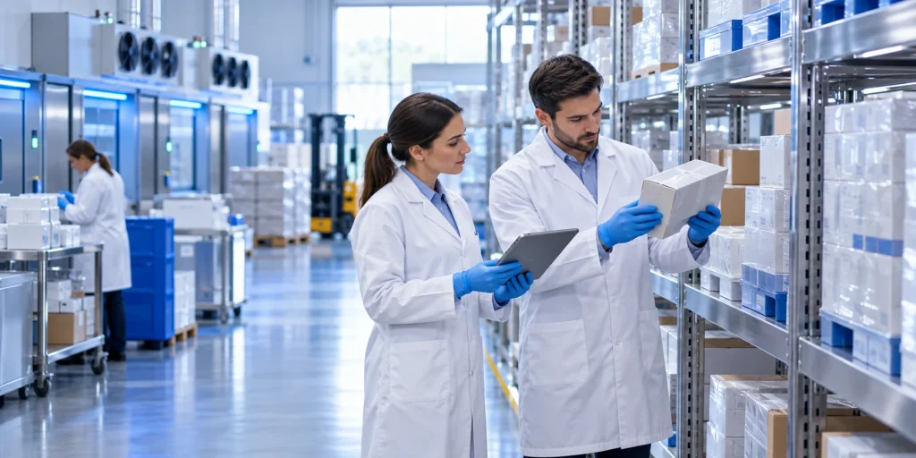 GDP compliant pharmaceutical wholesale UK hub with procurement officer checking temperature-controlled medicine cartons