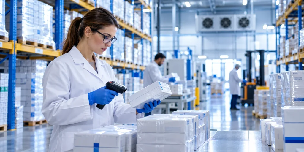 GDP compliant pharmaceutical wholesale UK specialist checking sealed medicine cartons for traceability before export