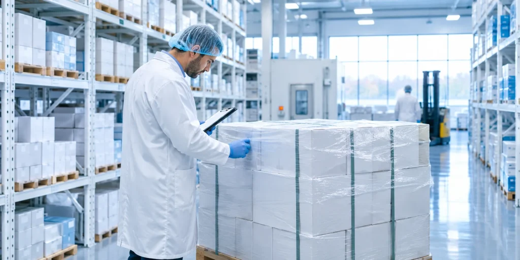 GDP compliant pharmaceutical wholesale UK warehouse with temperature-controlled storage and quality inspection