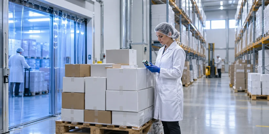 GDP compliant pharmaceutical wholesale warehouse in the UK with a quality assurance specialist checking temperature records on sealed medicine cartons