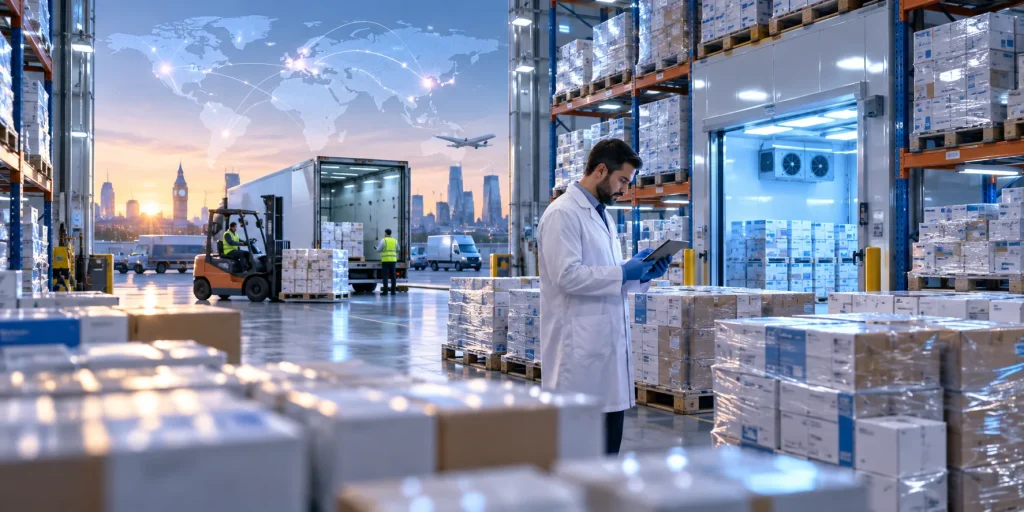 International procurement from an MHRA licensed UK pharmaceutical wholesale hub, with an inspector checking batch documents