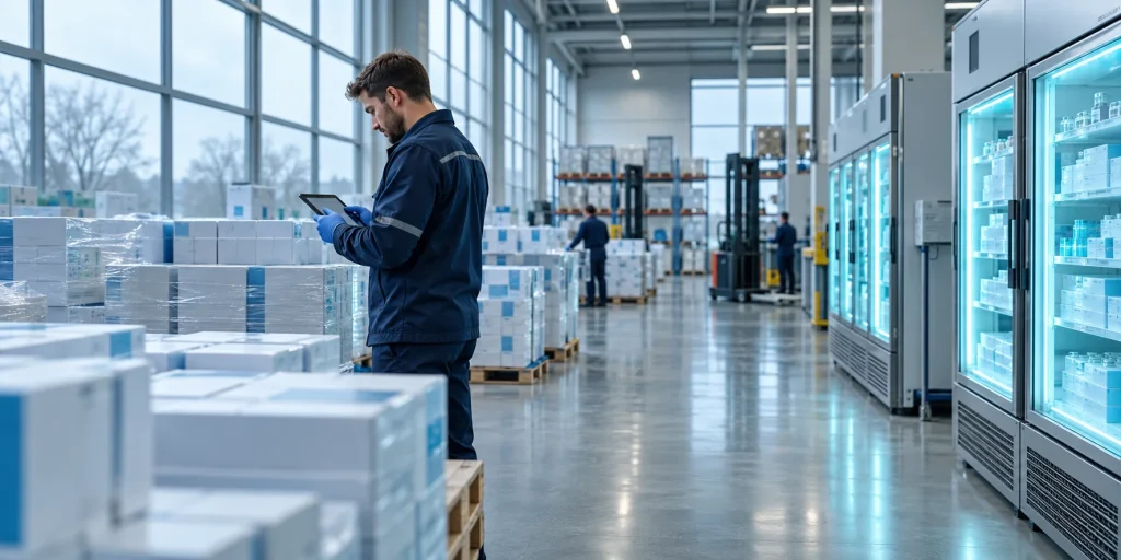 Licensed pharmaceutical wholesaler UK distribution facility with GDP-compliant cold chain storage for institutional export
