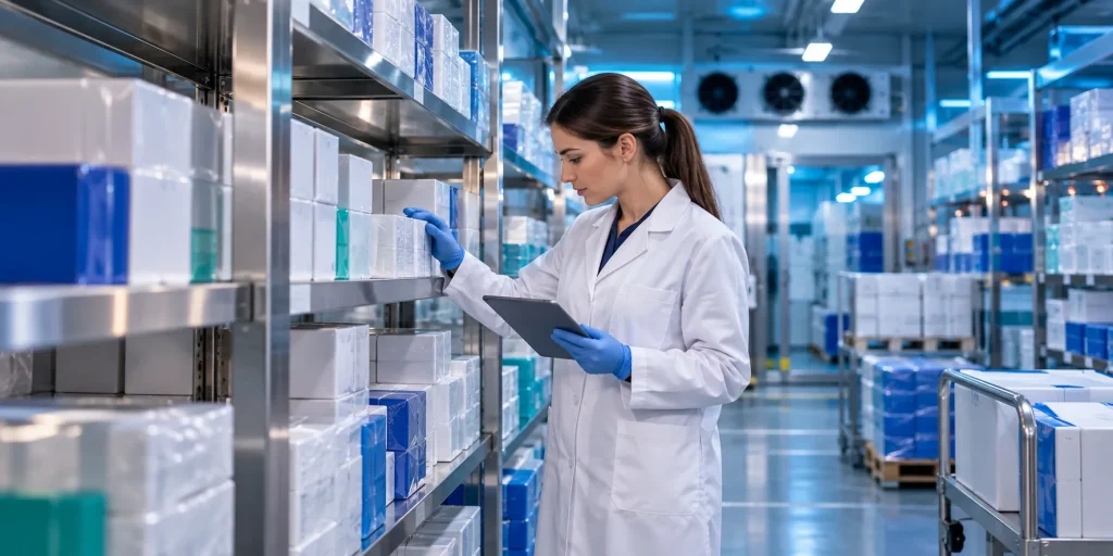 Licensed pharmaceutical wholesaler UK quality auditor reviewing sealed medicine stock under GDP storage conditions