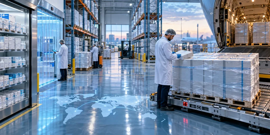Licensed pharmaceutical wholesaler UK warehouse with temperature-controlled medicine shipments prepared for compliant global export