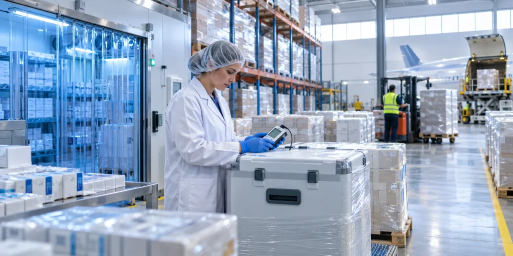 Licensed pharmaceutical wholesaler UK quality specialist checking a cold chain shipper before international export
