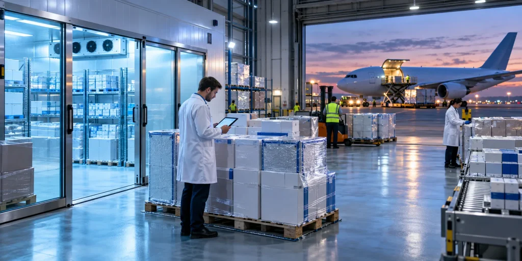 Licensed pharmaceutical wholesaler UK distribution hub with temperature-controlled pharmaceutical shipments prepared for international procurement