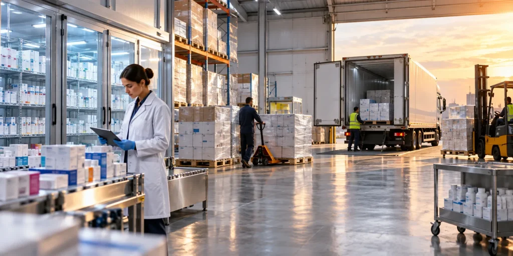 Licensed pharmaceutical wholesaler UK warehouse preparing temperature-controlled medicine pallets for international export