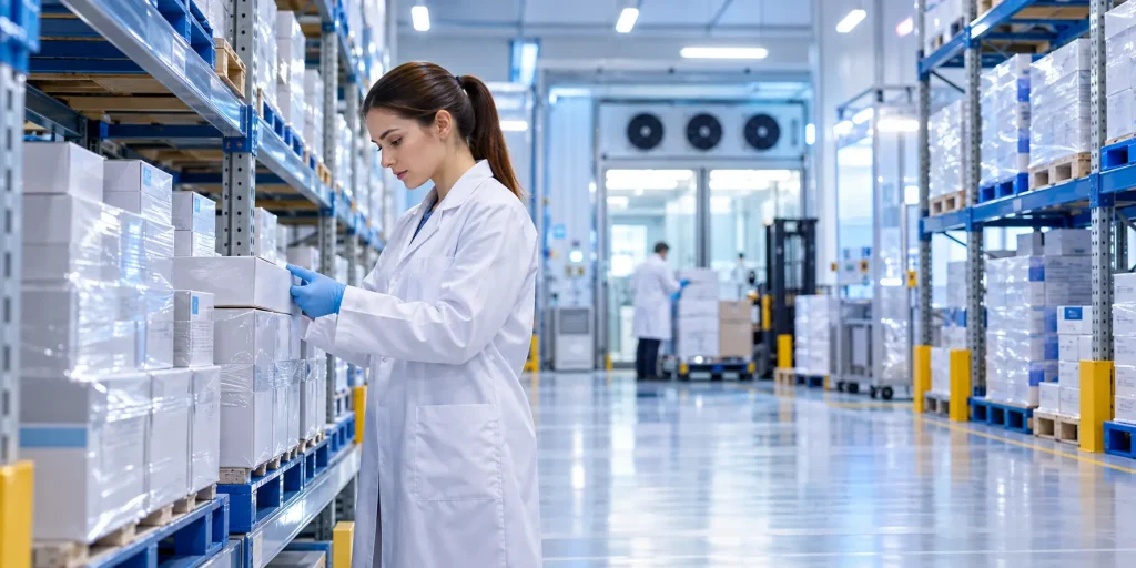 licensed pharmaceutical wholesaler UK quality specialist checking GDP-controlled medicine consignments before export