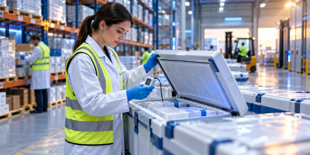 licensed pharmaceutical wholesaler UK quality specialist inspecting temperature-controlled medicine shipment for international procurement