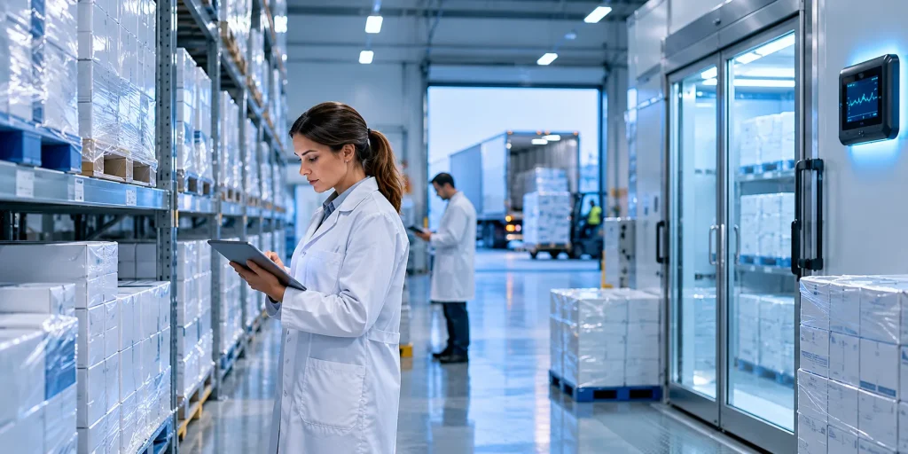 Licensed pharmaceutical wholesaler UK quality inspector reviewing batch records beside sealed medicine cartons