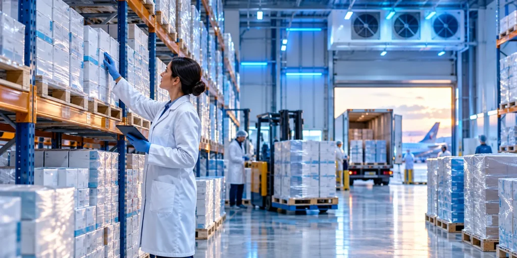 Licensed pharmaceutical wholesaler UK quality inspector checking export medicine stock in a temperature-controlled warehouse