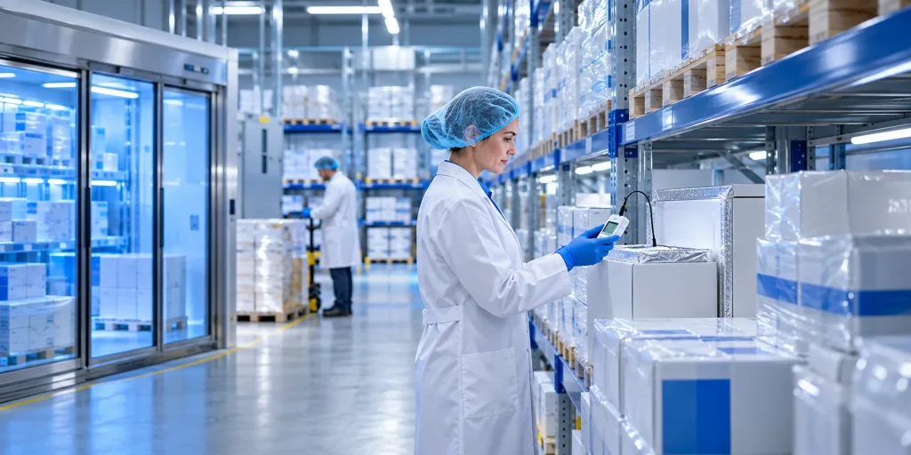 MHRA licensed pharmaceutical wholesale UK facility with a quality officer checking temperature records on sealed medicine stock