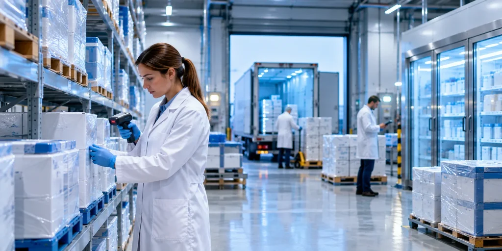 MHRA licensed pharmaceutical wholesale in the UK – pharmacist inspecting temperature-controlled medicine shipments for global procurement