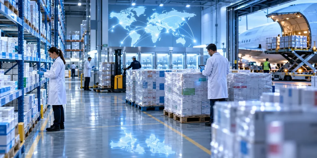 MHRA licensed pharmaceutical wholesale UK warehouse preparing medicine cartons for international export