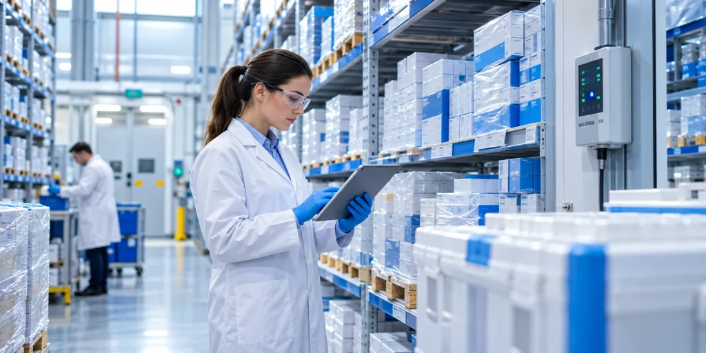 MHRA licensed pharmaceutical wholesale UK partner's quality specialist reviewing batch records in a regulated distribution facility
