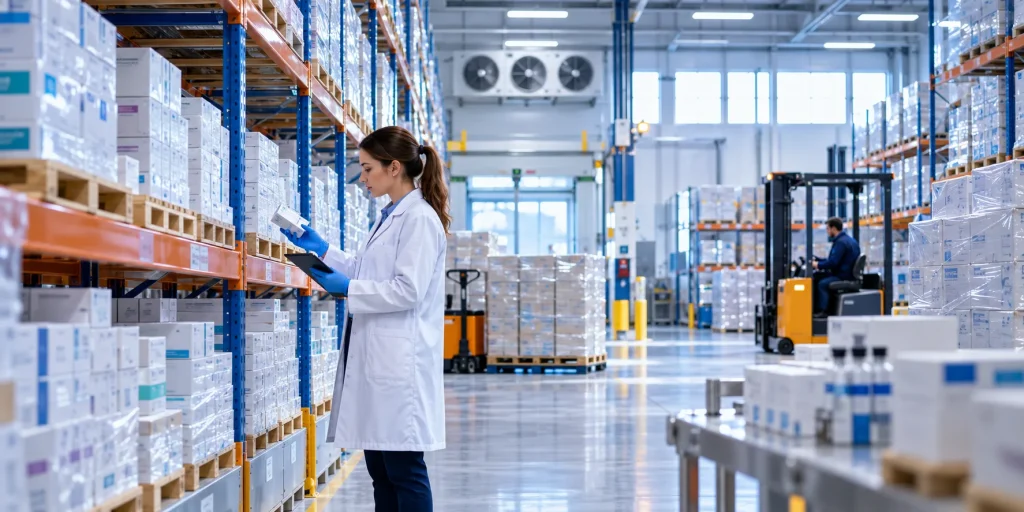 MHRA licensed pharmaceutical wholesale UK quality officer inspecting sealed medicine cartons in a regulated storage facility