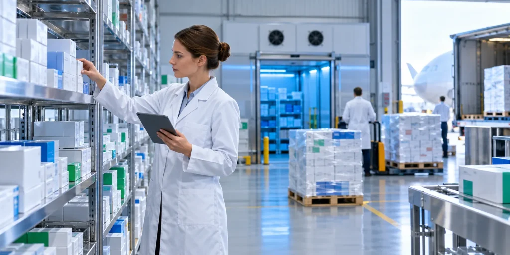 MHRA licensed pharmaceutical wholesale UK supplier inspecting medicine stock in a GDP-compliant warehouse