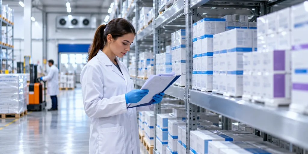 MHRA licensed pharmaceutical wholesale UK facility with a quality inspector reviewing batch documentation beside sealed medicine cartons