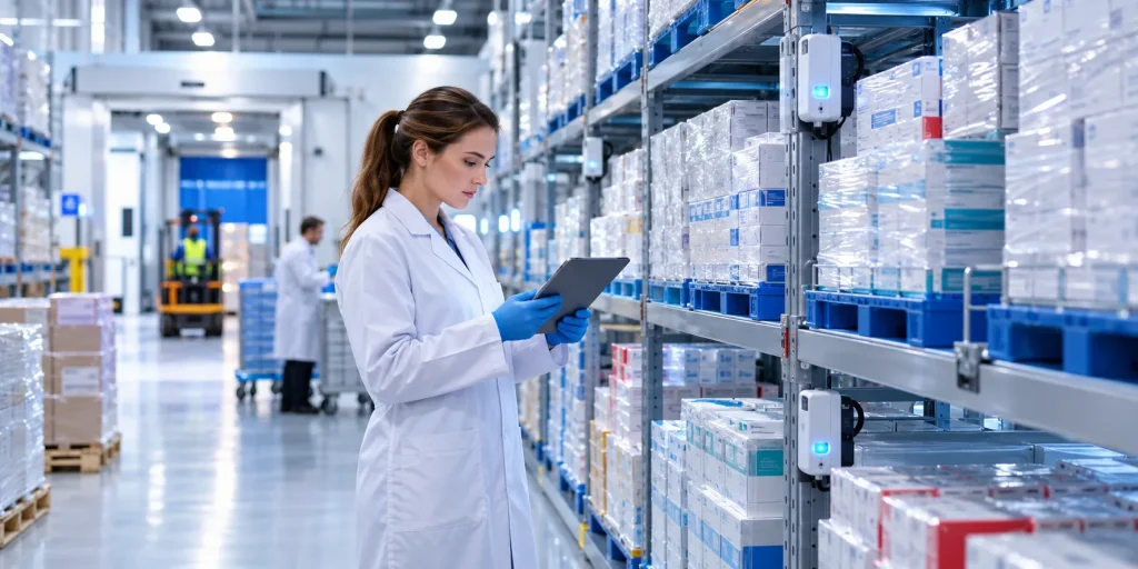 MHRA licensed UK wholesaler quality inspector reviewing batch records beside sealed medicine cartons