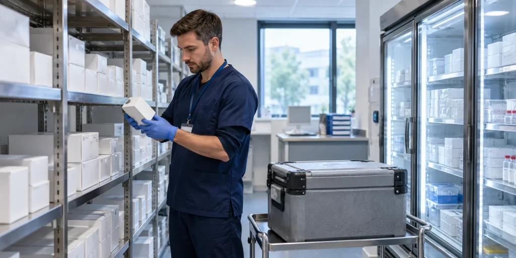 Medical centre pharmaceutical supplier stock being checked by a procurement officer in a UK medical centre stockroom