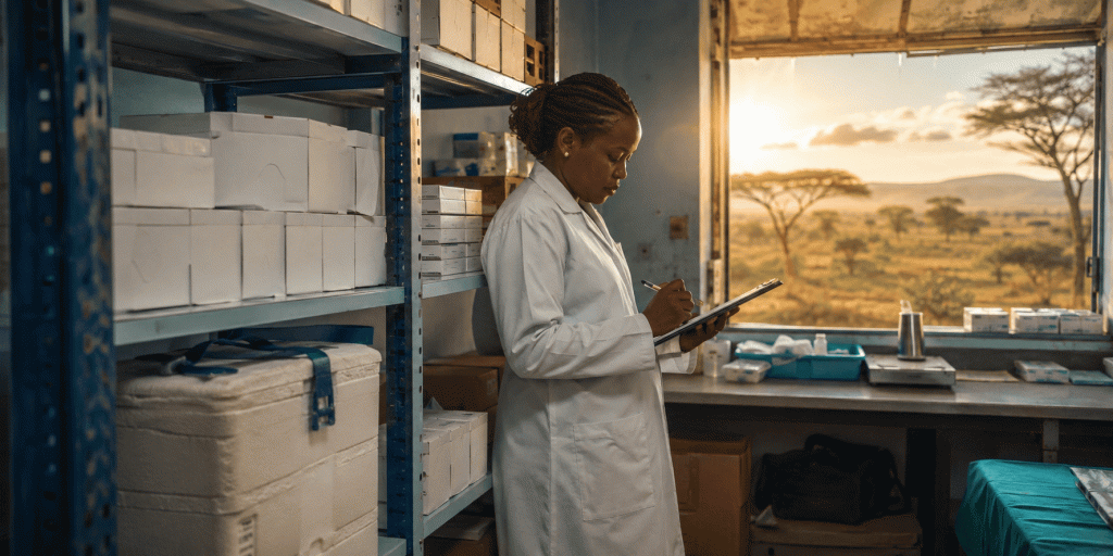 Pharmaceutical supply for mission hospitals in Africa - GDP-compliant medicine cartons and cold-chain shipping container in a rural African hospital store room