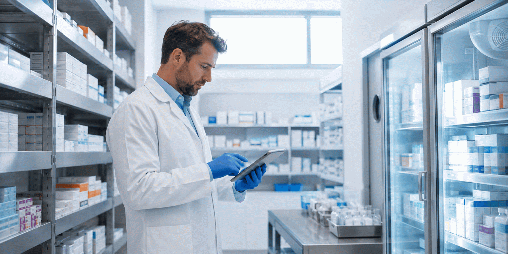 Private hospital pharmaceutical supplier UK - pharmacist checking GDP-compliant medicine stock in a UK private hospital pharmacy store