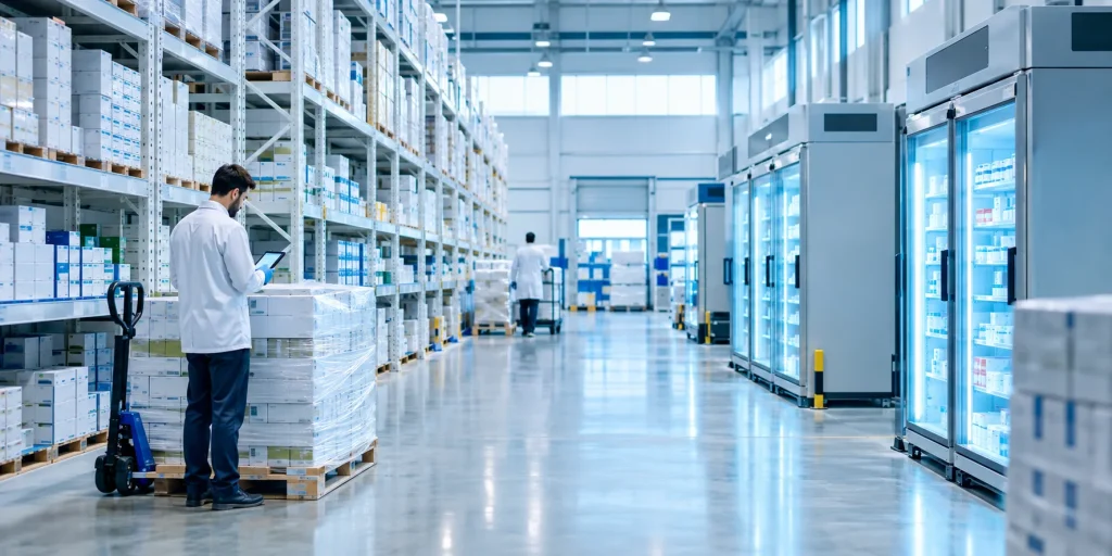 Pharmacy medicine wholesale supplier UK warehouse with GDP-compliant cold chain storage for institutional pharmaceutical export