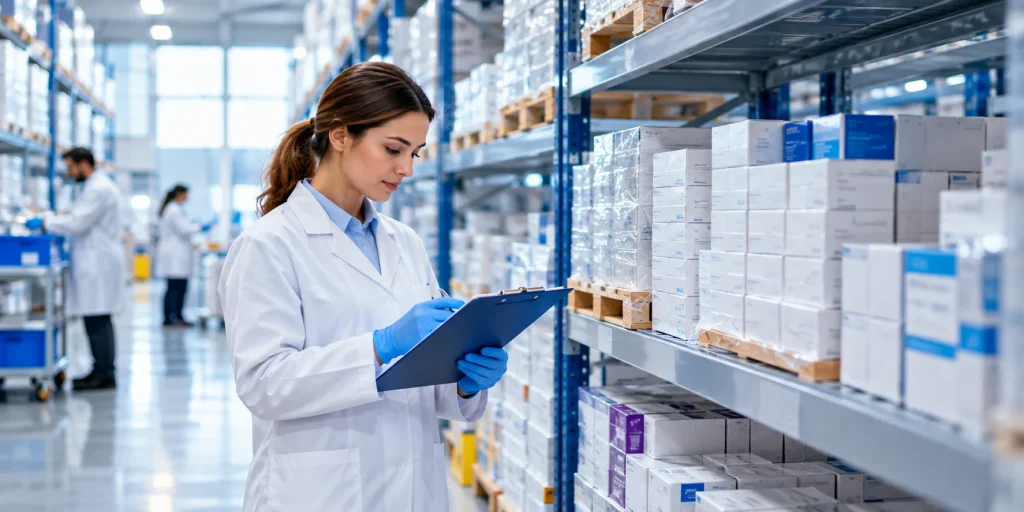 Verifying a licensed pharmaceutical wholesaler UK: an auditor checking GDP-compliant medicine stock in a UK warehouse