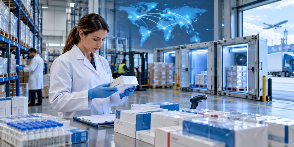Licensed pharmaceutical wholesaler UK quality specialist inspecting sealed medicine shipments for international procurement