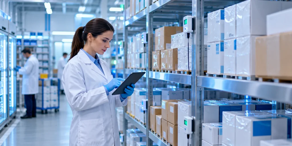 GDP compliant pharmaceutical wholesale UK partner quality assurance specialist reviewing temperature records in a distribution facility