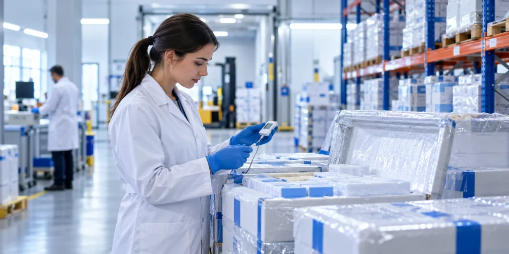 GDP compliant pharmaceutical wholesale UK quality specialist checking temperature-controlled medicine shipments