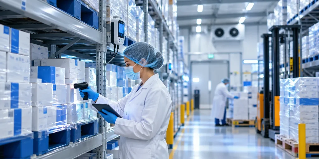 GDP compliant pharmaceutical wholesale UK quality inspector verifying batch-coded medicine cartons in a temperature-monitored warehouse