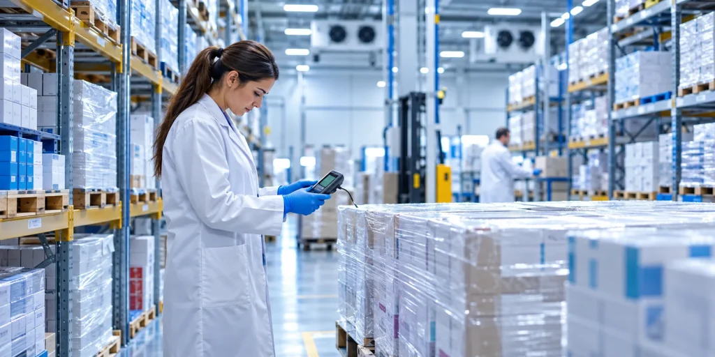 GDP compliant pharmaceutical wholesaler in the UK – quality officer checking temperature records on sealed medicine pallets