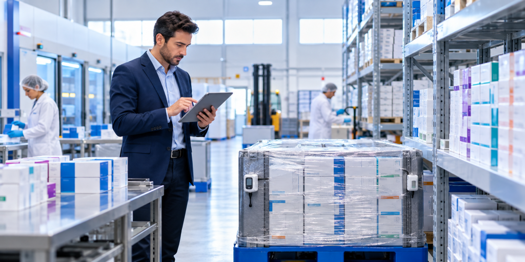 Licensed pharmaceutical wholesaler UK procurement officer reviewing GDP-compliant medicine stock for institutional buyers
