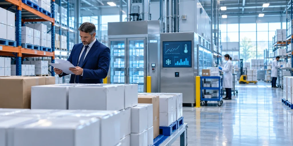 Licensed pharmaceutical wholesaler UK procurement officer reviewing compliant medicine stock in a GDP-standard distribution facility
