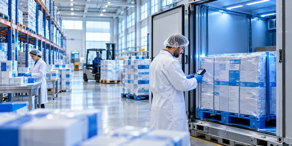 Licensed pharmaceutical wholesaler UK quality inspector checking cold chain medicine shipments for international procurement