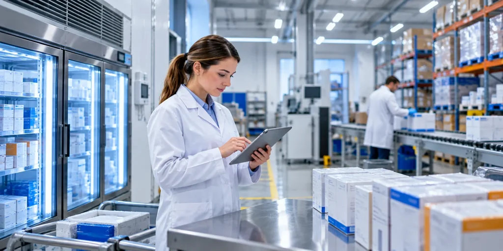Licensed pharmaceutical wholesaler UK quality inspector reviewing batch records in a temperature-monitored medicine storage area