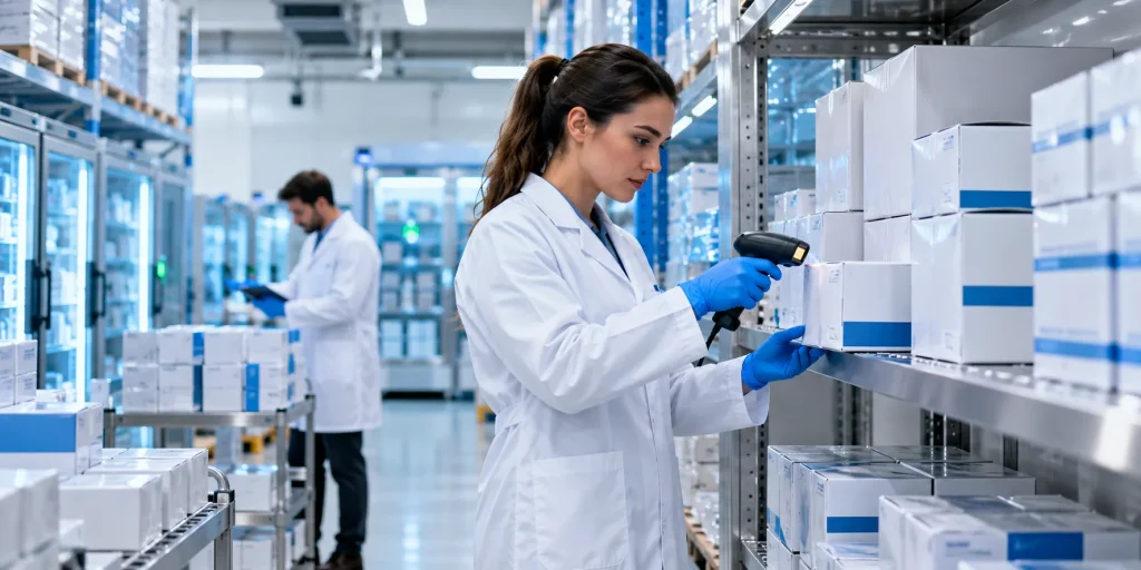 Licensed pharmaceutical wholesaler UK pharmacist verifying sealed medicine cartons for compliant global procurement