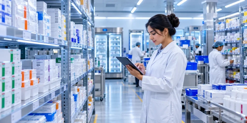MHRA licensed pharmaceutical wholesale UK facility with a quality specialist checking batch documentation for institutional buyers