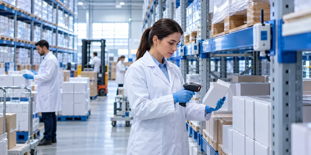 MHRA licensed pharmaceutical wholesale UK warehouse where a pharmacist checks medicine batches before export