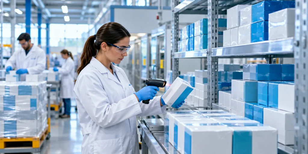 MHRA licensed pharmaceutical wholesale UK inspector checking sealed medicine cartons for supply chain integrity