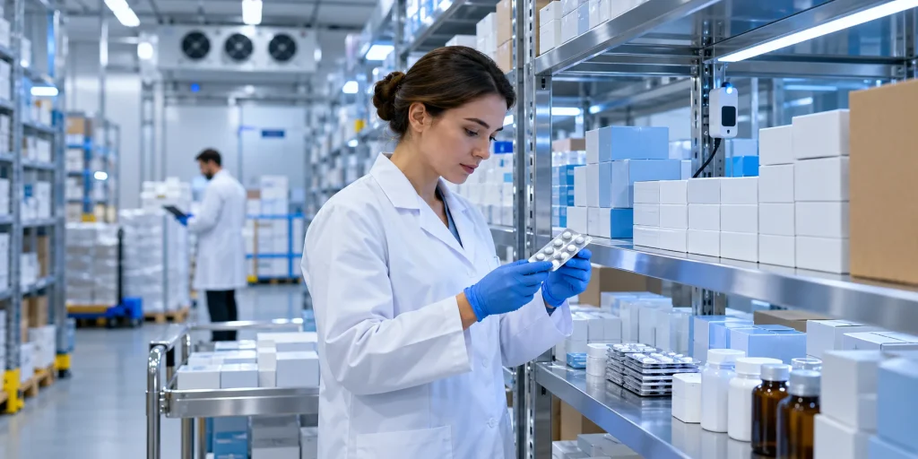 Pharmaceutical supply chain integrity at an MHRA licensed UK wholesale facility with an inspector checking medicine packs