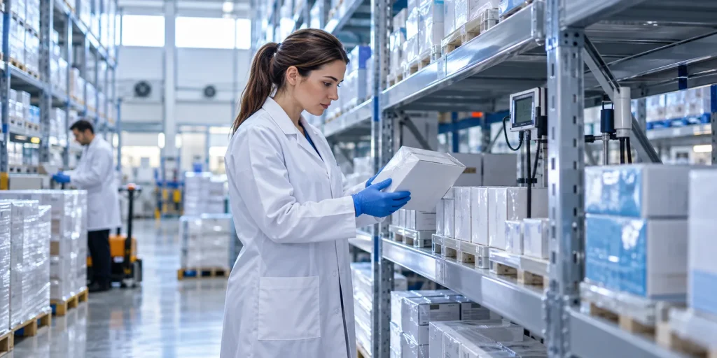 UK pharmaceutical distribution compliance quality check of sealed medicine cartons in a temperature-monitored warehouse