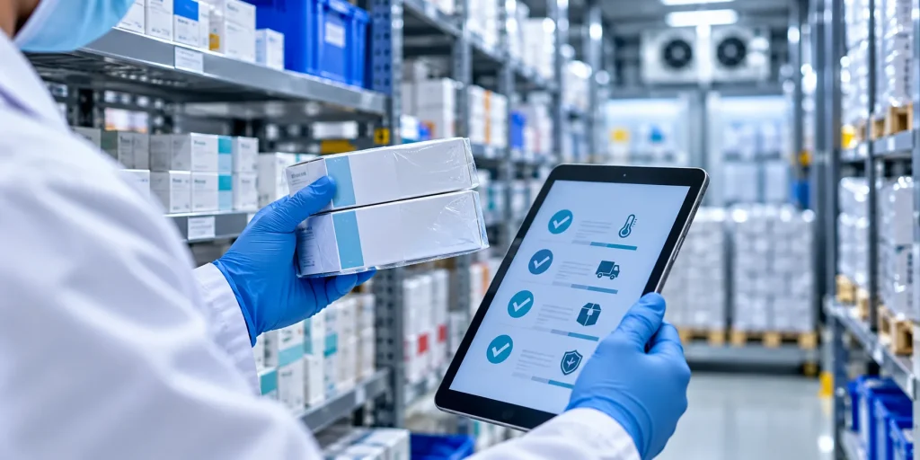 verify a licensed pharmaceutical wholesaler UK – procurement officer checking sealed medicine cartons against a compliance checklist