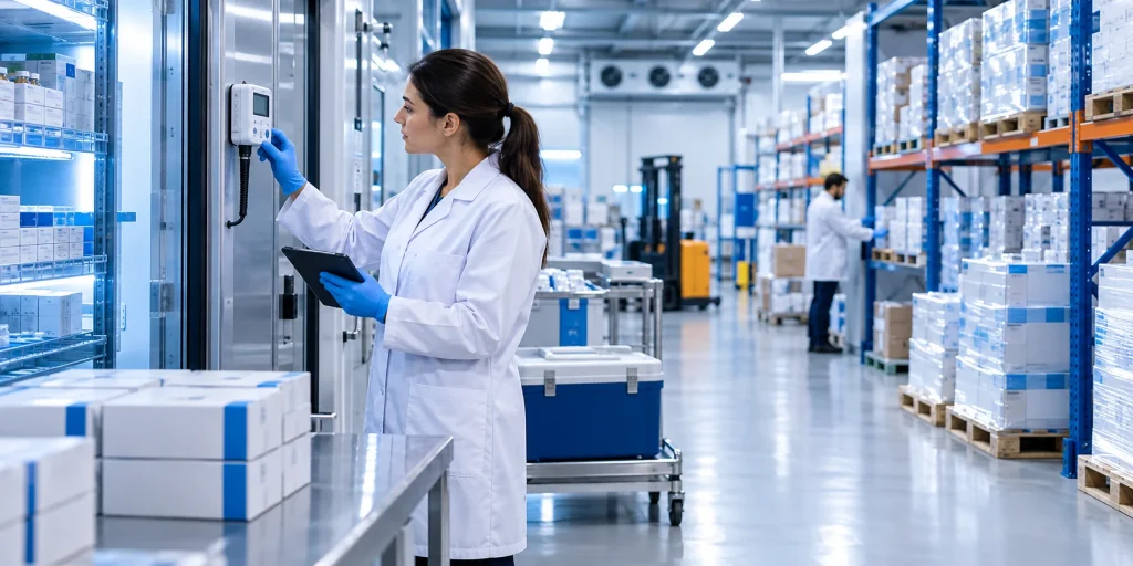 GDP compliant pharmaceutical wholesale UK quality inspector checking temperature records for international procurement